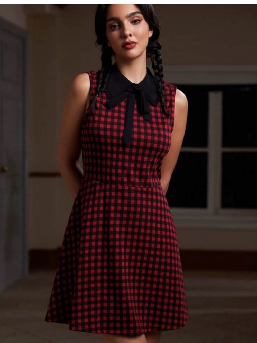 Modcloth Red and Black Gingham Sleeveless Dress with Black Tie Collar